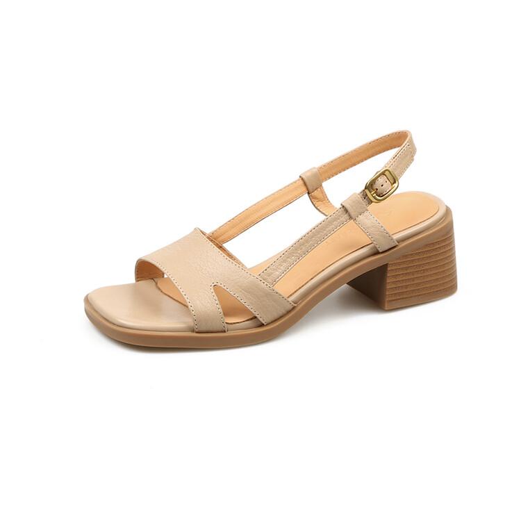 

Fashion NEW Summer Women Sandals Open Toe Chunky Heel Shoes Genuine Leather Shoes for Women Buckle Strap Sandals Casaul Daily Shoes 40 абрикосовый