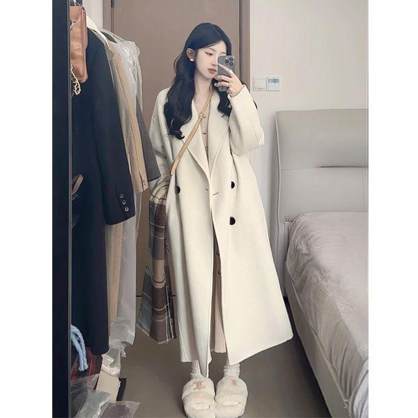 

Oatmeal Double-Faced Wool Coat for Women - 2025 Autumn/Winter, Korean Style, Loose Fit, Mid-Length, Spandex Blend XL for 135-168 lbs