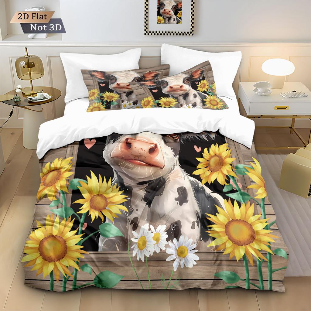 Lovely Cartoon Farm Animal Pattern Comforter Cover Reversible Grid Plaid Duvet Cover, Cute Cow Print Quilt Cover Set Boys Girls