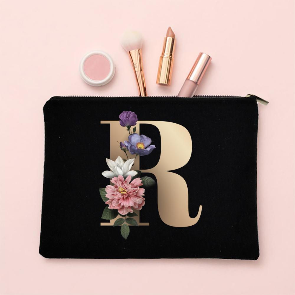 Alphabet Floral Makeup Bag Bridesmaid Maid of Honor Holiday Wedding Bachelorette Party Gift Canvas Cosmetic Zipper Storage Pouch