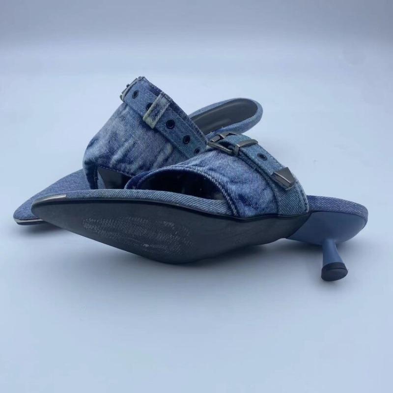 Fashion Brand Blue Denim Belt Buckle Hollow Out Fashion Slippers Summer New Comfortable Women's 5.5cm Low Heel Commuting Sandals Size 43