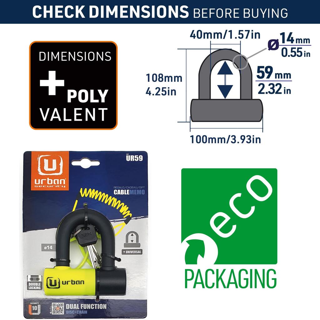 URBAN UR59120 Mini U Padlock with Chain 120cm Bicycle Disc Dual High Security Double Closure Anti-Theft Loop, Motorcycle, Scooter, Padlock, Function,