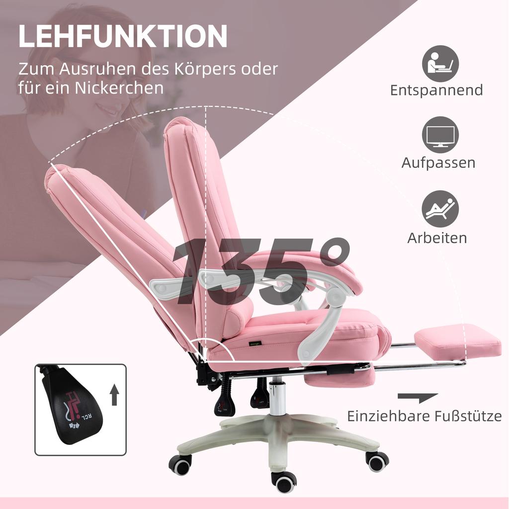 Office Chair with Footrest, Adjustable Backrest, Height-Adjustable, 5 Casters, Pink + White