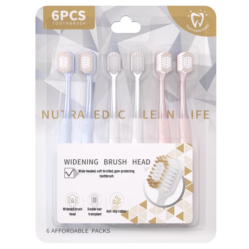 6-Pack Soft Bristle Toothbrushes with Wide Head and Anti-slip Handle for Deep Clean and Stain Removal
