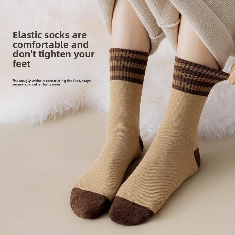 Women's Fleece Thickened Mid-calf Striped Loop Socks for Warmth in Autumn and Winter, Retro Towel Postpartum Socks