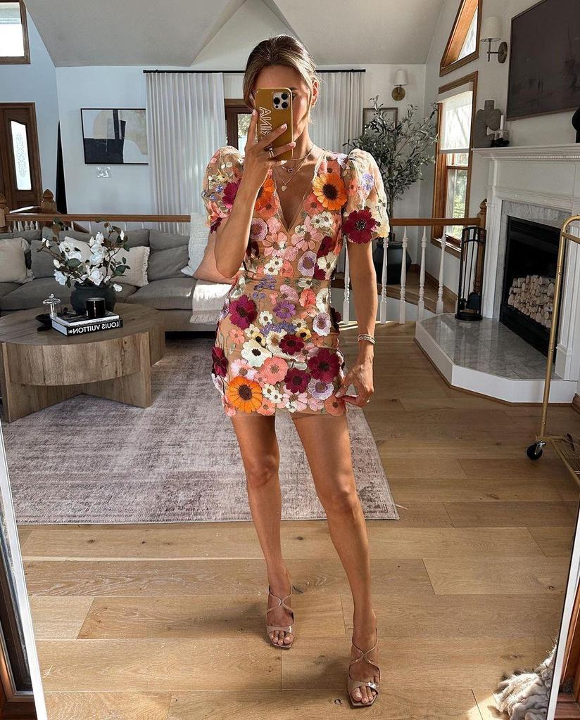 V-Neck Lantern Sleeve Dress with 3D Floral Embroidery