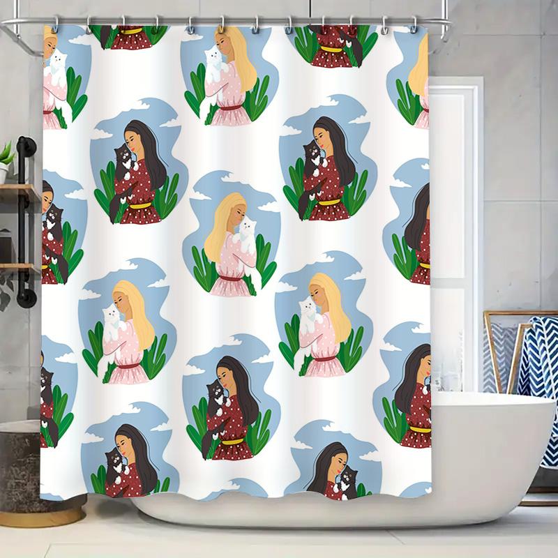 

Animal-themed shower curtain with colorful printed design featuring a woman holding her cat perfect for pet lovers Size180x180c 90x180cm