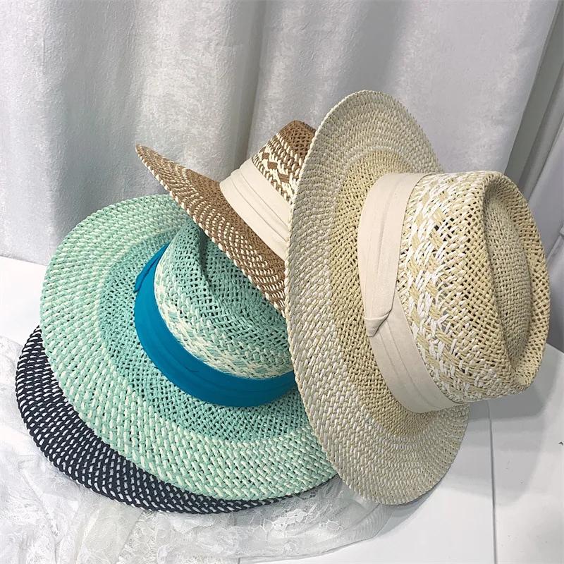 Fresh Hat Women'S Summer Versatile Straw Hat Beach Vacation Sunscreen Hat British Straw Woven Flat Top Jazz Hat