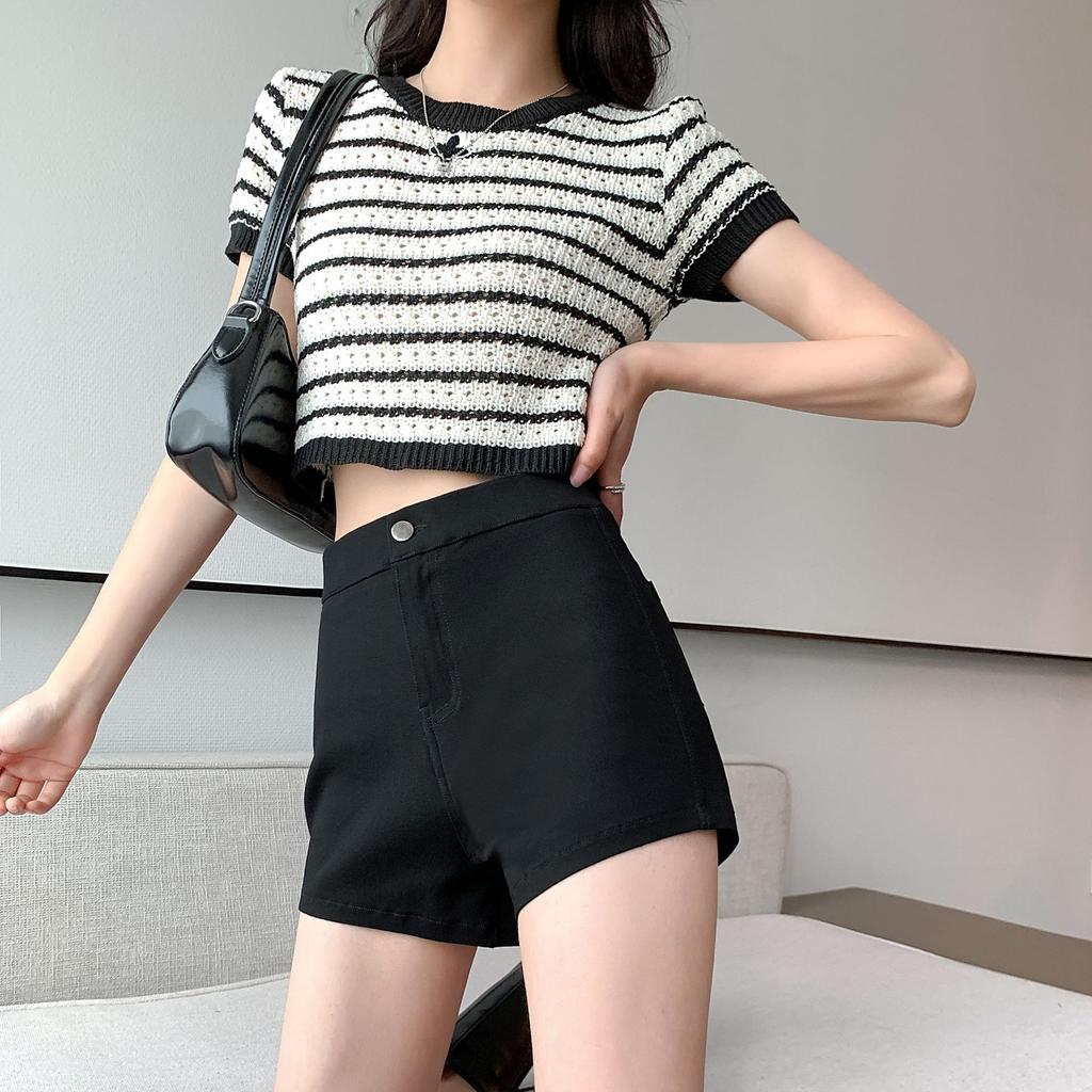 Thin Three-point Everyday Shorts for Women High-Waist Spring and Summer Updated Black Versatile Outside Wear Tight Slim A-line Pants