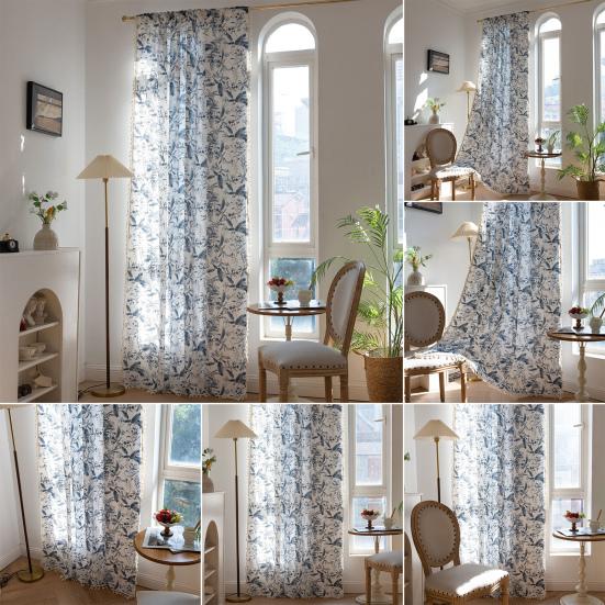 Panou Curtain Boho cu Imprimeu Floral și Margine cu Ciucuri Buzunar pentru Baghetă Draperie Filtrantă pentru Lumină pentru Decor Fereastră Living Dormitor Casă la Țară