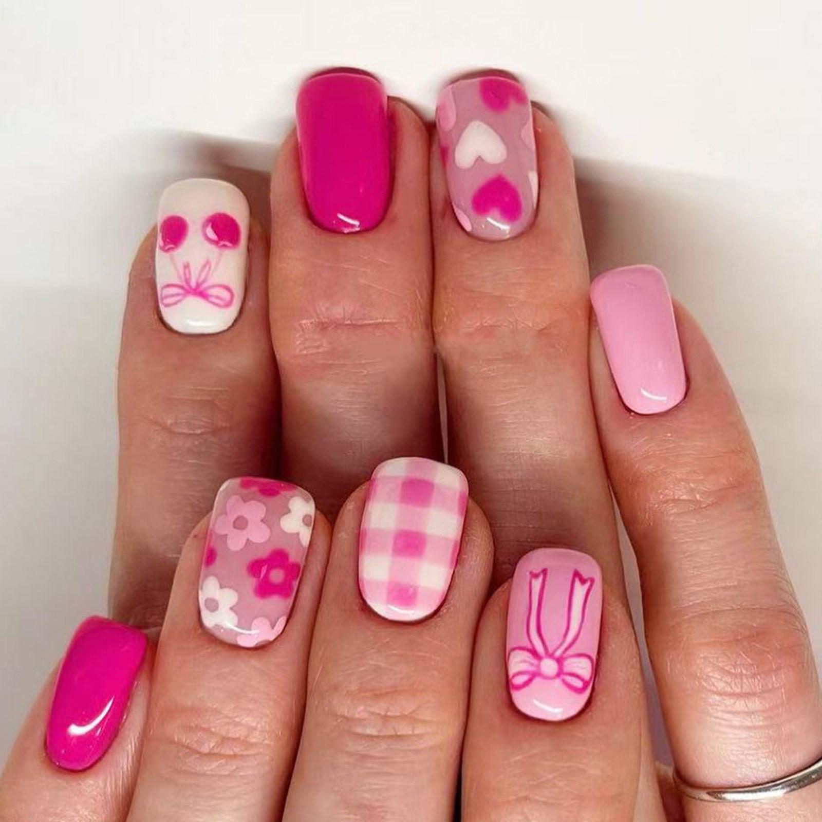 

24 шт. Милые цветы Накладные ногти Сладкое сердце Искусственные ногти Глянцевые Полное покрытие Наклейки для ногтей Средние Квадратные Накладные ногти