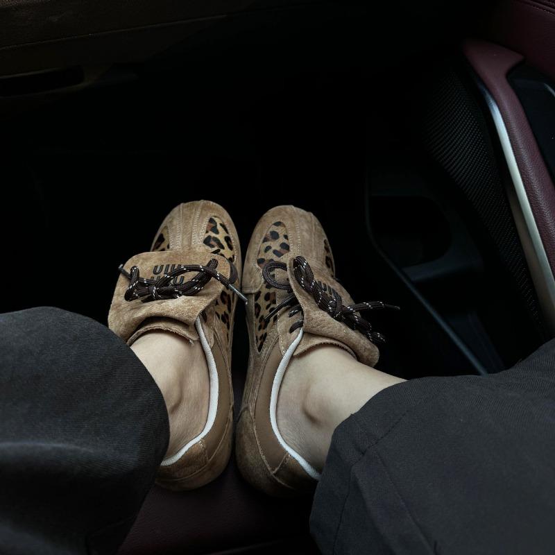 Cowhide version~ genuine leather thick-soled leopard print miu wind strap casual sports shoes women's board shoes
