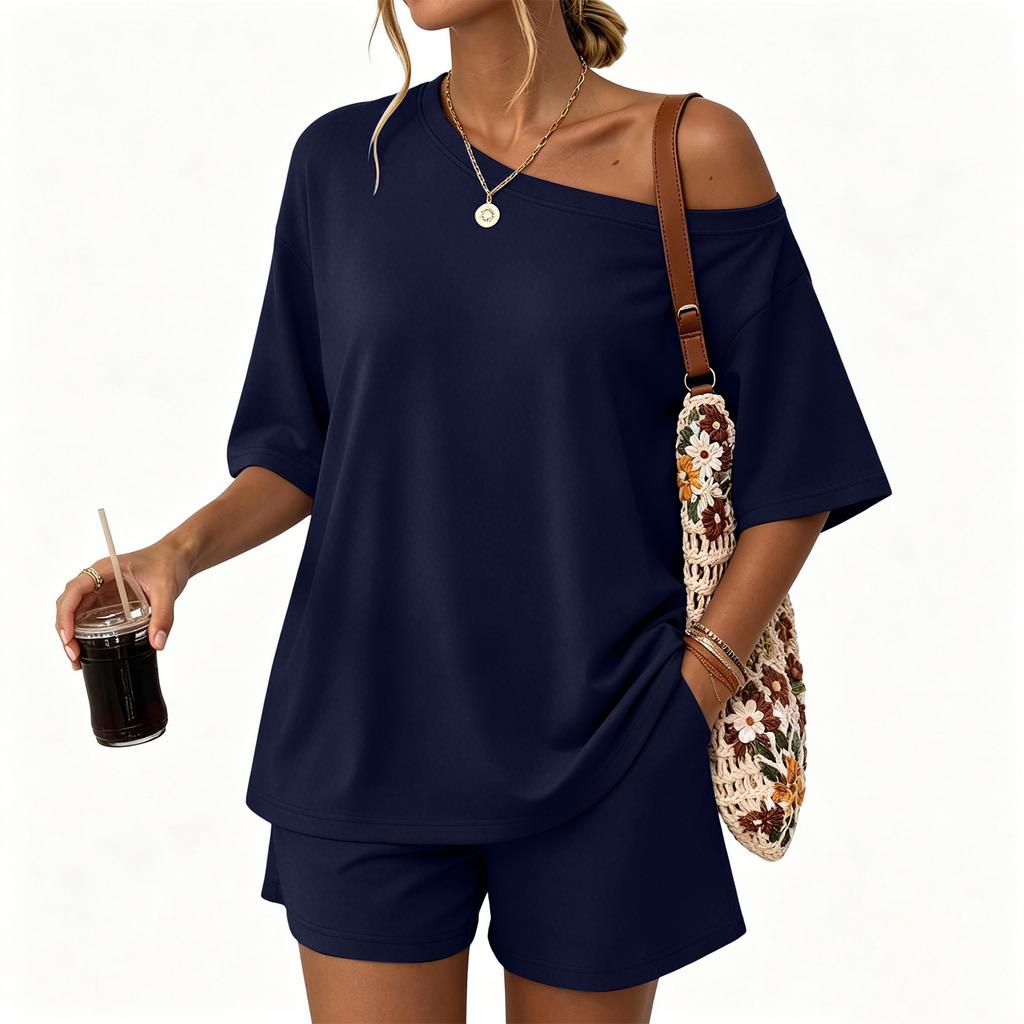 Women Casual Two Piece Set Short Sleeve Loose Fit Top and Elastic Waist Shorts Lightweight Lounge Wear Summer Outfit