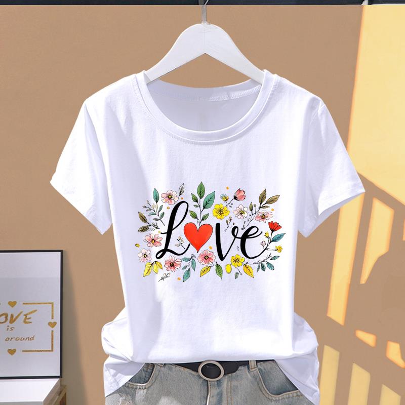 

(Asian Size) love trend cute Short Sleeve T-shirts Women s Top T Clothing Print Fashion Female Casual O-neck Graphic Tee S