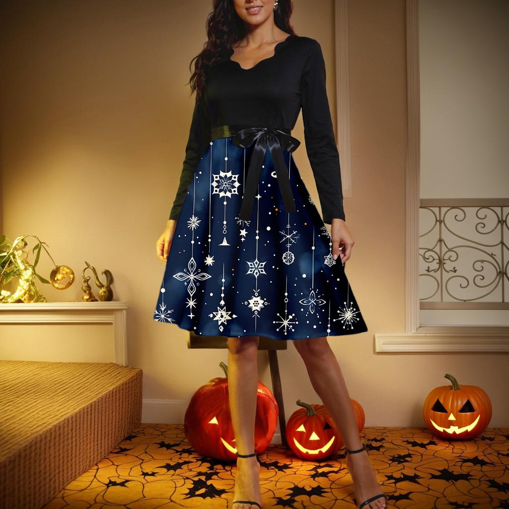 Vestido retrô feminino casual com decote em V e manga comprida, estampa retrô de Natal