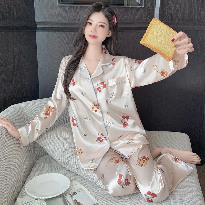 Good Night Bear Ice Silk Pajamas Women'S Long-Sleeved Cartoon Girl High-End Loungewear Set