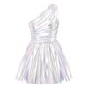 Women Tin Costume One Shoulder Sleeveless Ruched Tulle Lining Metallic Belted Dress with Hat Axe Gloves Heart Clock Brooch for Halloween Cosplay