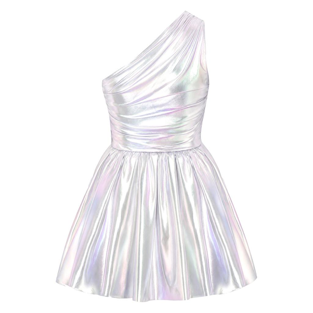 Women Tin Costume One Shoulder Sleeveless Ruched Tulle Lining Metallic Belted Dress with Hat Axe Gloves Heart Clock Brooch for Halloween Cosplay