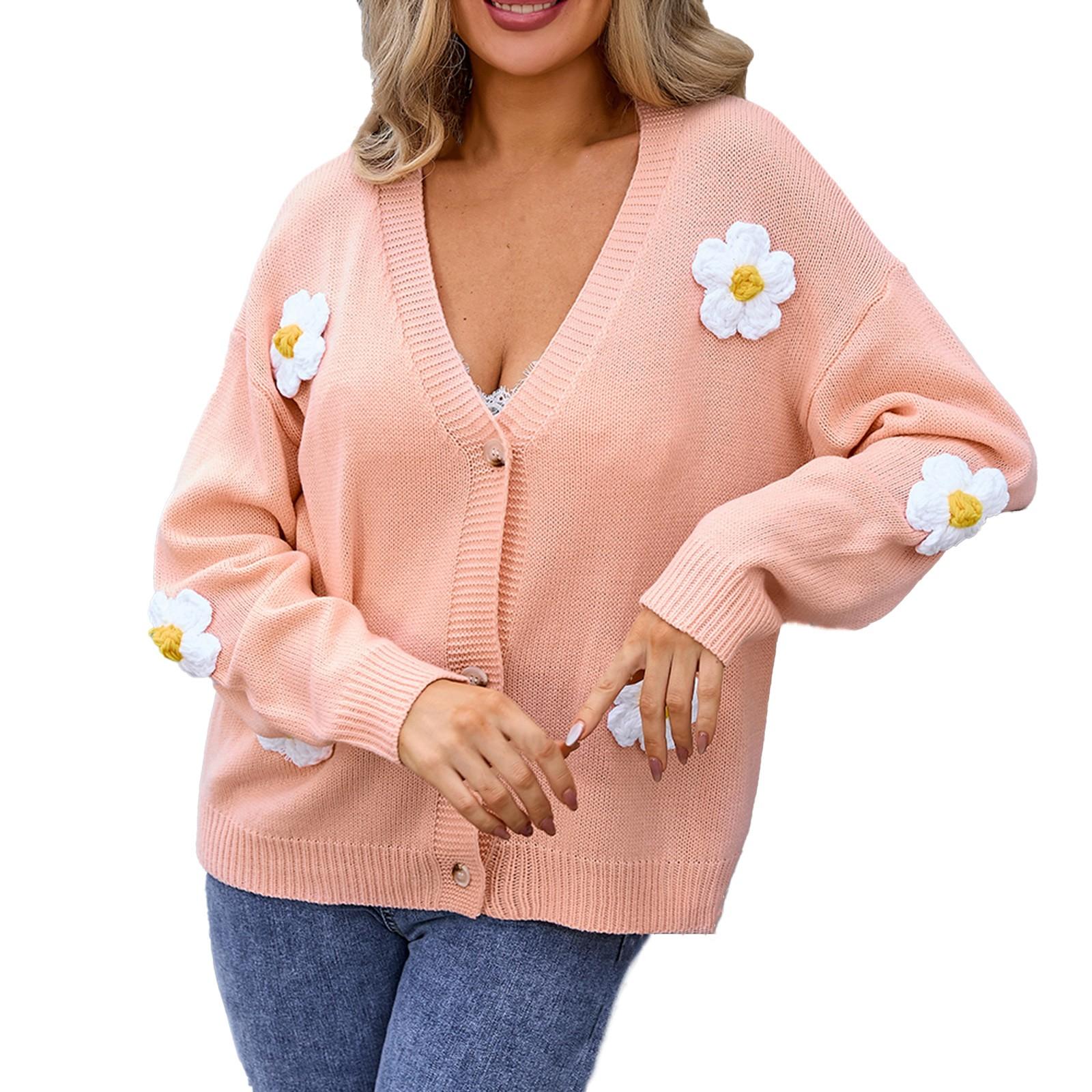 

Женский повседневный модный удобный пуловер с круглым вырезом контрастного цвета с цветочным принтом и длинным рукавом уличный тренд вязаный свитер XL розовый