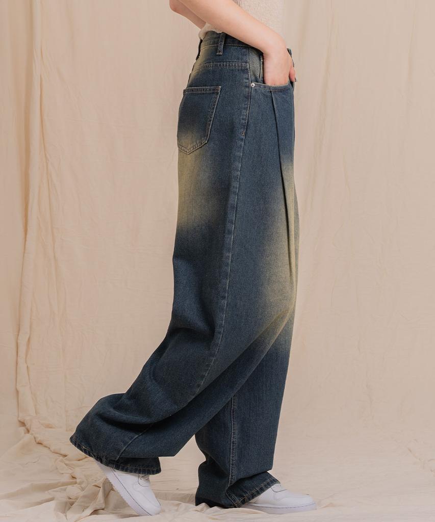 Ellamo 54_4 Women'S One-Pin Tuck Washed Wide Denim Pants (Basic/Long)_Yellowteen