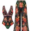 Plus Size Womens One Piece Swimsuit Printed Long Pants Swimwear Swimming