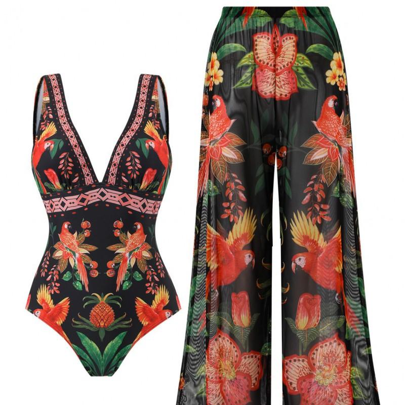 Plus Size Womens One Piece Swimsuit Printed Long Pants Swimwear Swimming