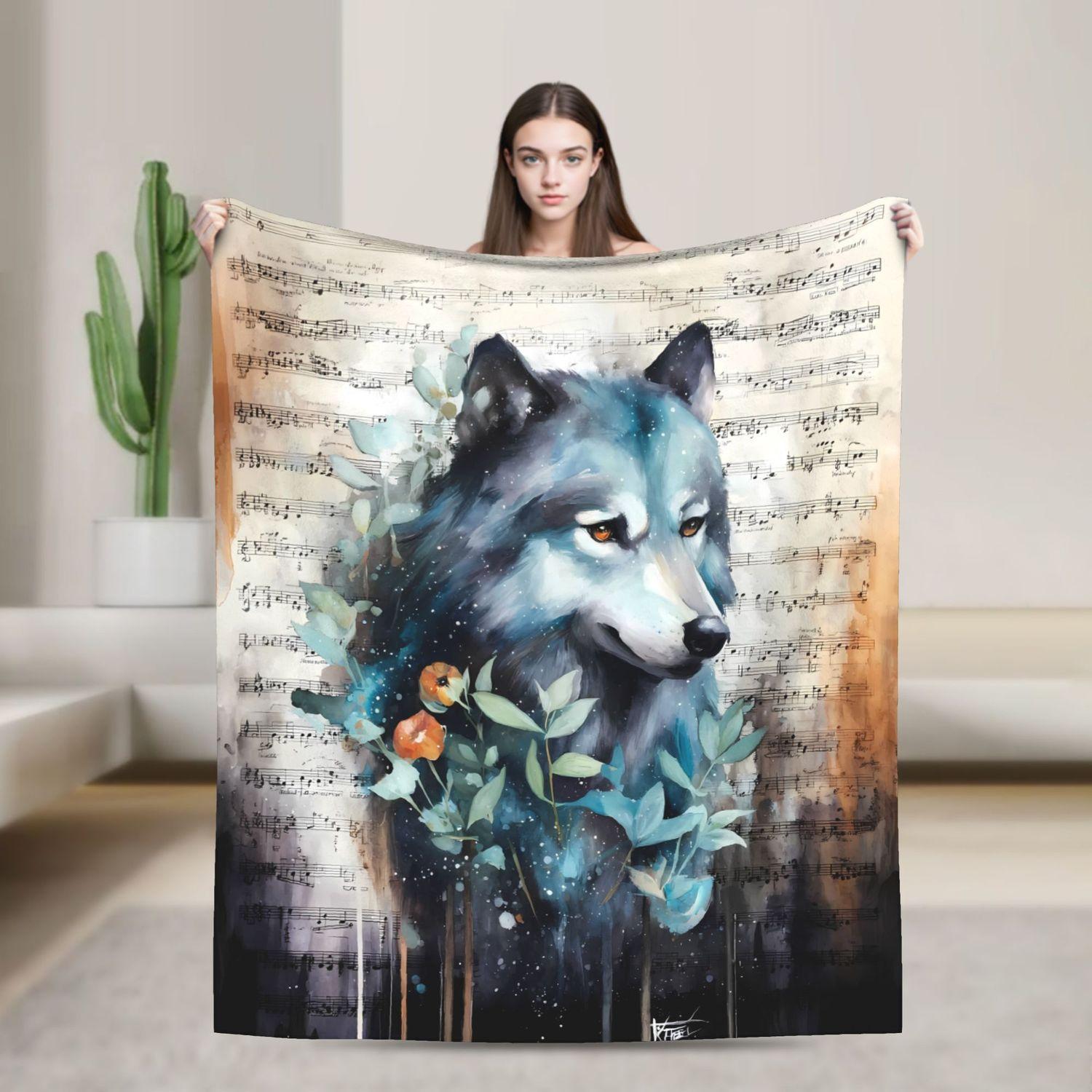 Wolf Head Blanket - Wolf & Moon Print Soft Flannel Night Throw 70x100cm