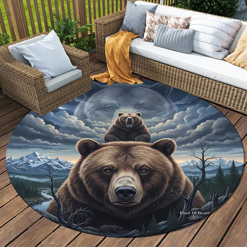 Deer Bear Wolf Round Area Rug,Carpet Rug for Living Room Bedroom Sofa Playroom Decor,Non-slip Floor Mat