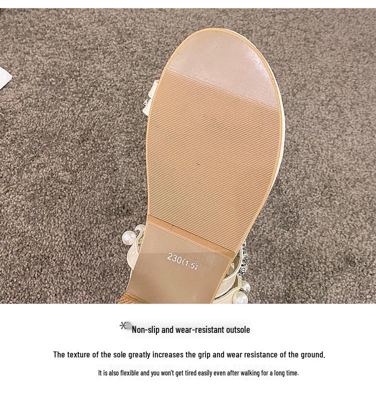 Women's 2024 Summer Rhinestone Pearl Flat Sandals - Korean Style Temperament Casual Shoes