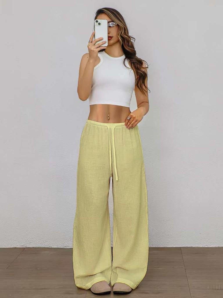 2026 Women's Pure Cotton Loose Solid Color Elastic Waist Wide-Leg Casual Pants