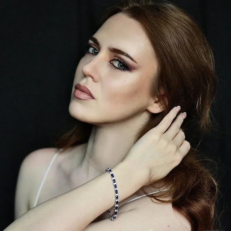 925 Sterling Silver Sapphire Bracelet for Women Elegant Shine Gem Solid Bangle High Quality Wedding Party Jewelry Gifts