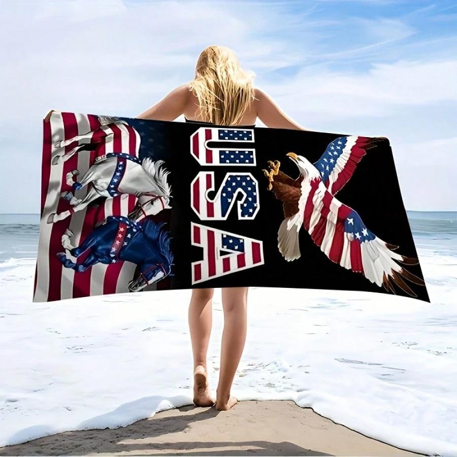 1PC Independence USA Patriotic Eagle Horse Beach Towel, Polyester Quick Dry Lightweight Towel, Soft Absorbent Swim Towel