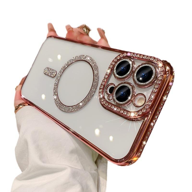 Applicable To IPhone 16 Magnetic Suction Mobile Phone Case Transparent Electroplating Edge Diamond Flash Powder Apple 14/15 Promax Silicone