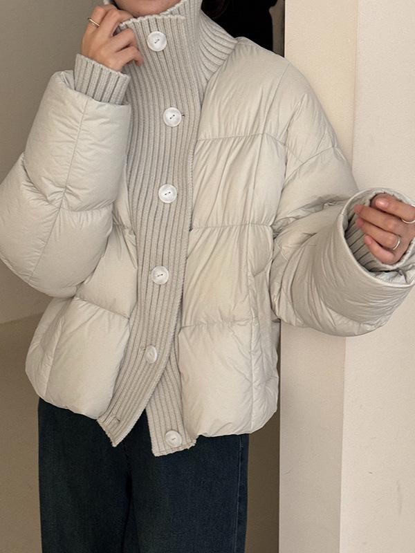2026 Winter Women's Knit Patchwork White Duck Down Jacket - European & American Fashion Loose Fit Warm Outerwear