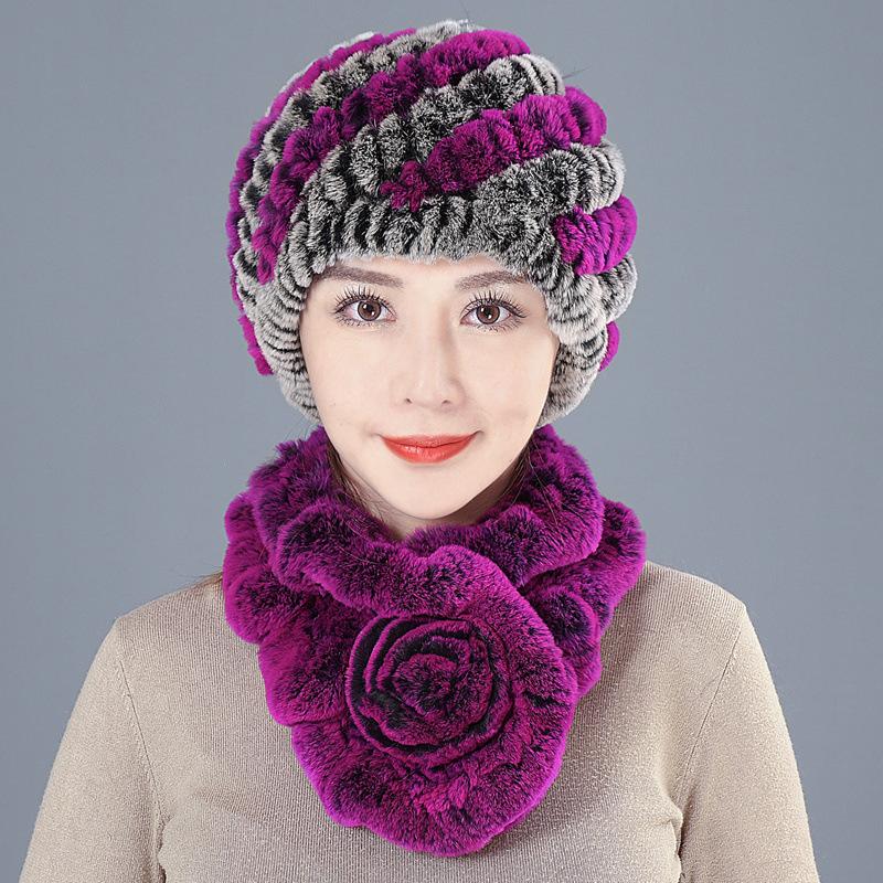 Middle-aged Rex rabbit hair hat female autumn and winter warm elderly grandmother ear protection fur mother wool scarf