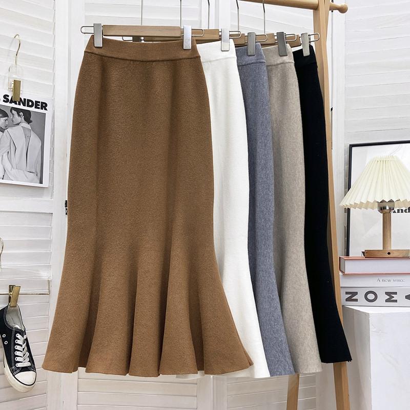 Mid To Long Knitted Fishtail Skirt for Women Autumn and Winter High Waist and Hip Hugging Skirt Half Skirt
