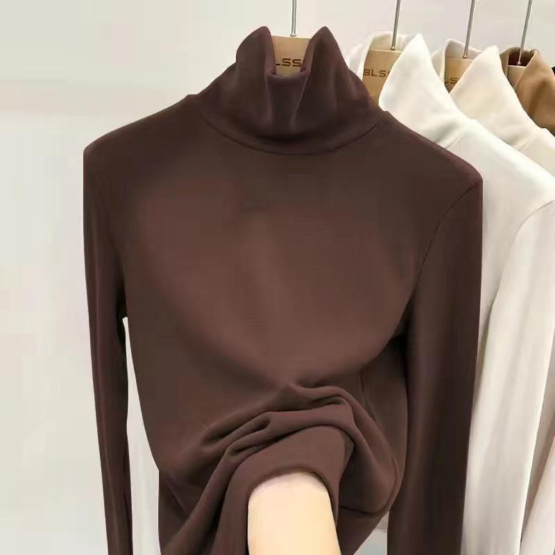 

2024 Women s Korean Style Slim Fit High-Neck Velvet Shirt - Self-Heating, Solid Color, Ideal for Autumn and Winter XXXXL абрикосовий