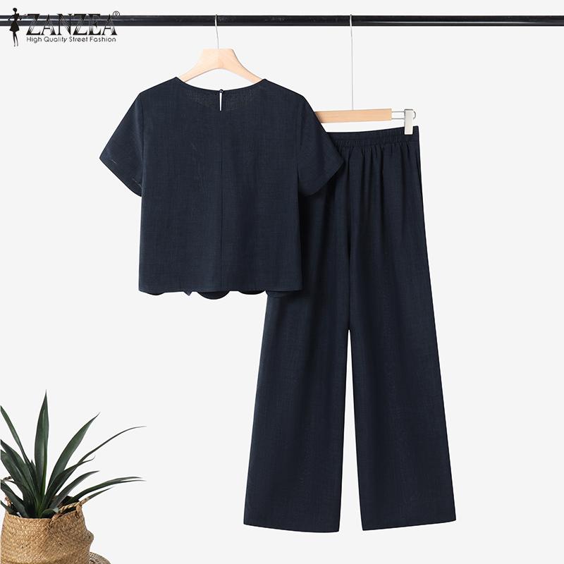 ZANZEA Women Short Sleeve T-Shirt and Pants Casual Two Piece Suit Set