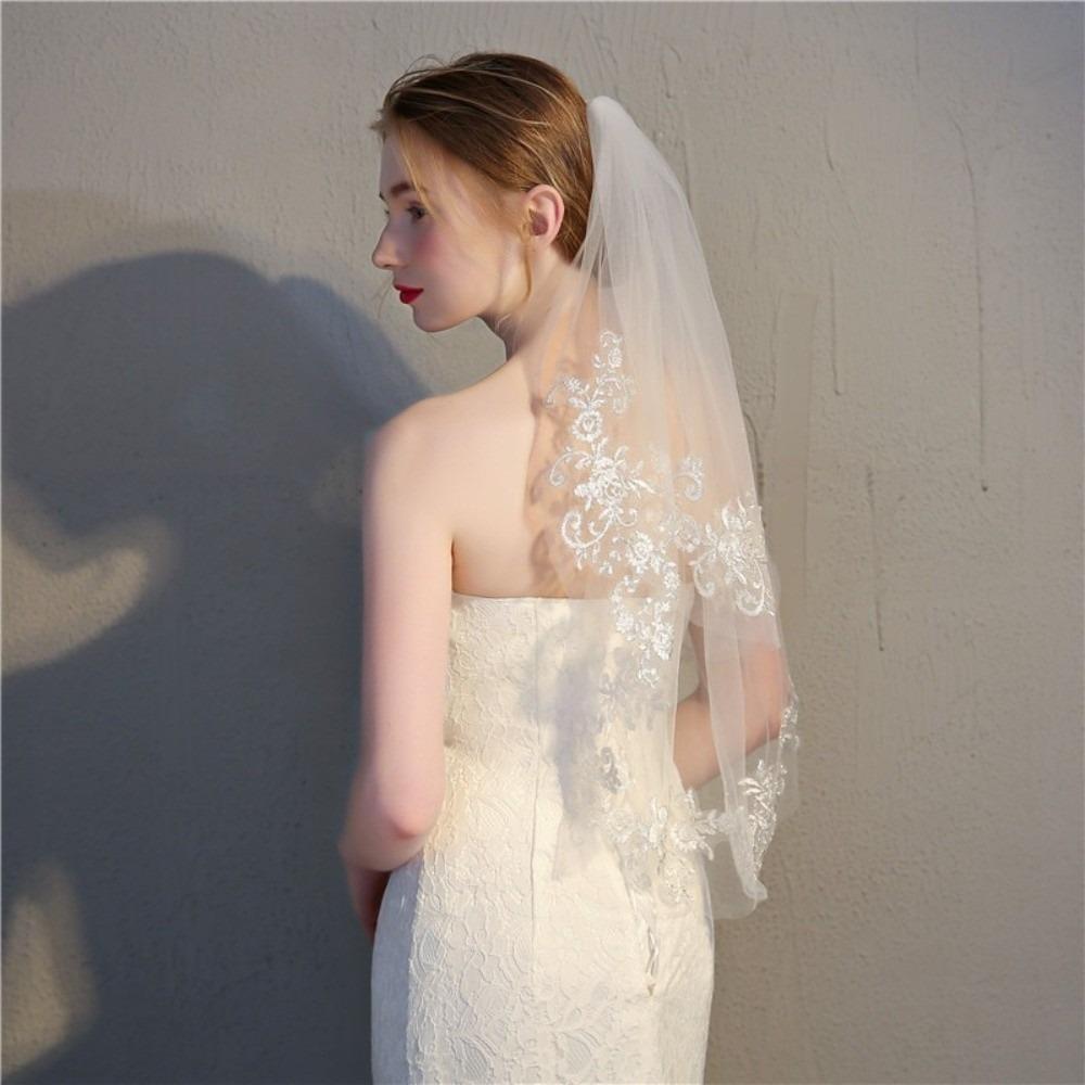 Elegant White Lace Wedding Veil 2 Tier Waist Length Lace Veil with Comb Soft Tulle Bride Veil