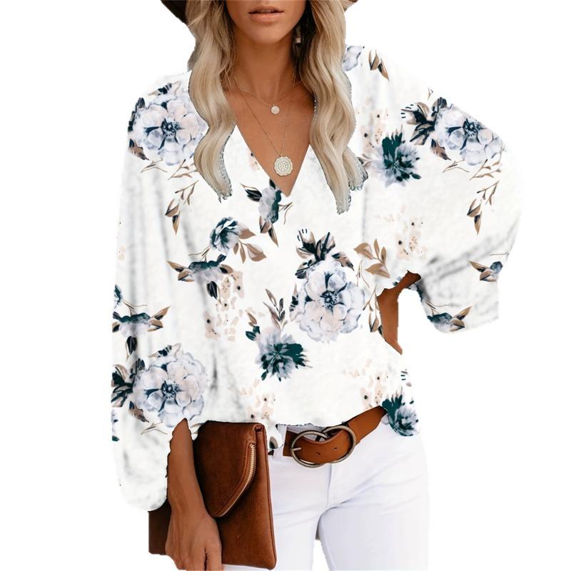 TIFICY Women's Fashion Casual Spring Autumn Flower Pattern Print Long Sleeve V-Neck Blouses & Shirts