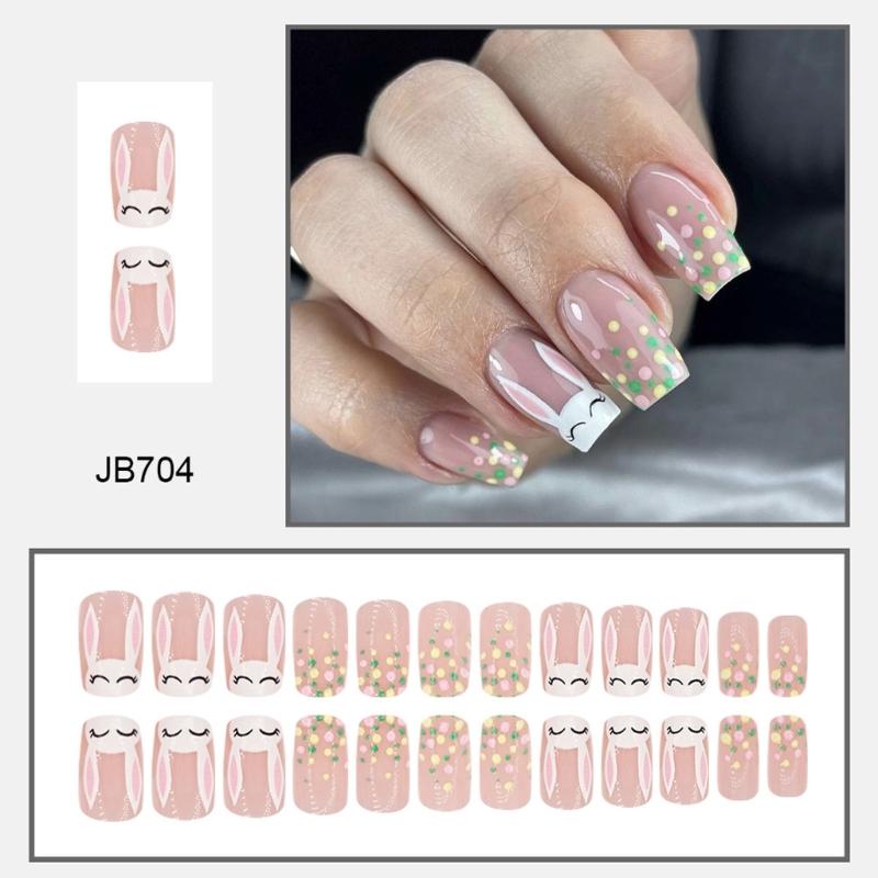24 Pieces Easter False Nail Medium Square Rabbit Press On Nail Manicure Nail Art Easy Application for Women and Girls
