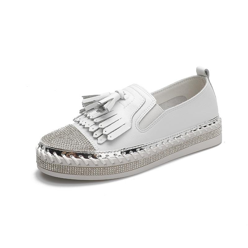 Fashion Women Platform Flats shoes Casual female Genuine Leather Walking flats Loafers for women White crystal Comfort Vacation shoes