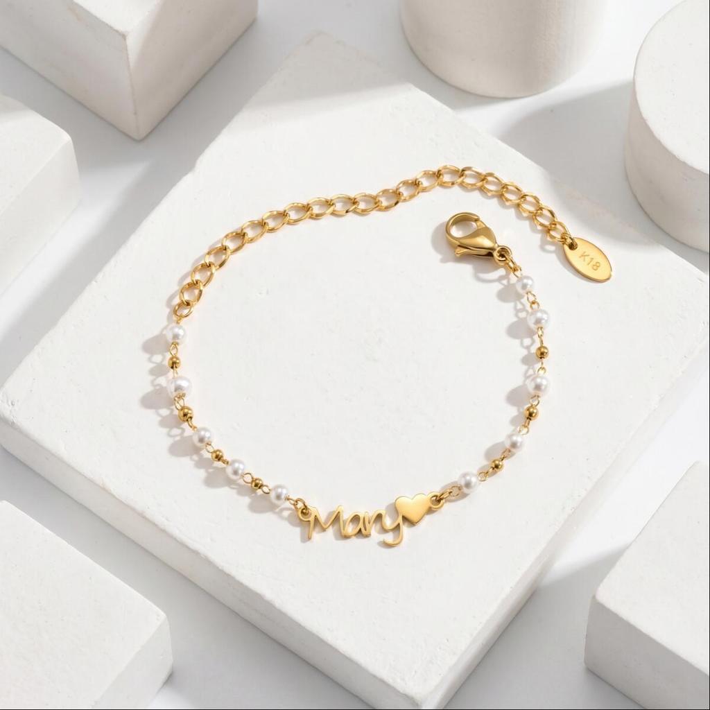 Customized Pearl Name Bracelet Waterproof Stainless Steel Personalized Script Nameplate Adjustable Chain