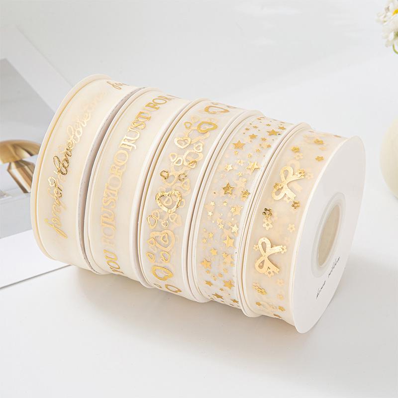 10Yards/Roll Hair Bows DIY Craft Gold Foil Snow Yarn for Gift Wrapping 2.5cm Organza Ribbon Printed Silk Ribbons