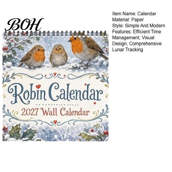 Gift for New Year 2027 Bird Wall Calendar, 12-Month Monthly Planner Home Office Kitchen, Festival Event Traditional Atmosphere Calendar with