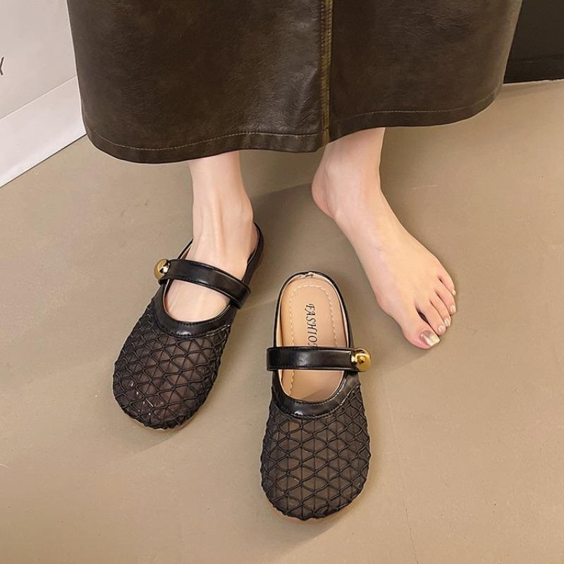 Round head fishing net hole shoes women's new one-pedal with skirt single shoes women's fashion flat slippers