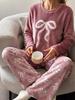 Teenager Mädchen Weiß Schleife Stickerei Muster Rosa Plüsch Oberteil Druck Verdickt Bequem Langarm Hose Set Loungewear Fleece Formell Abschlussball Herbst Niedlich