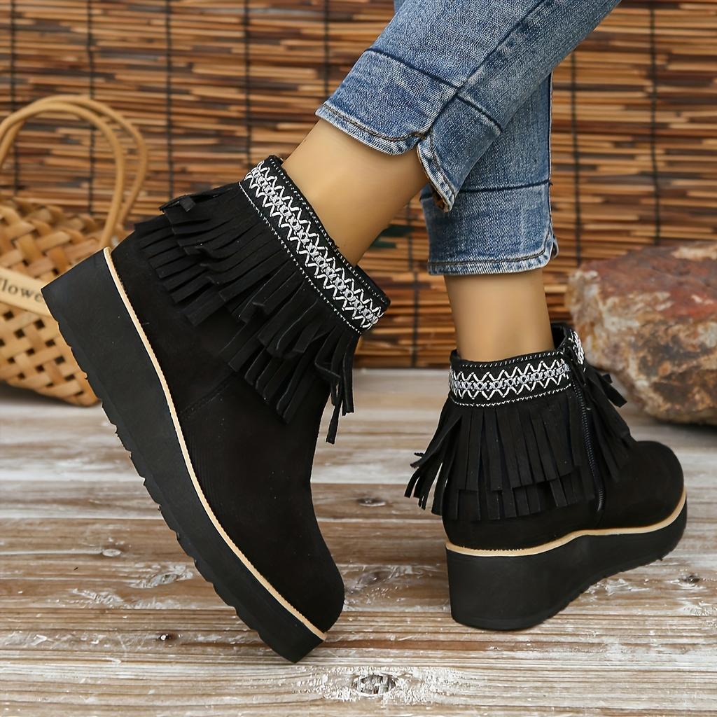 Autumn and Winter New Fringed Boots Women's Fashion Platform Small Wedge Boots Frosted Suede Round-toe Booties