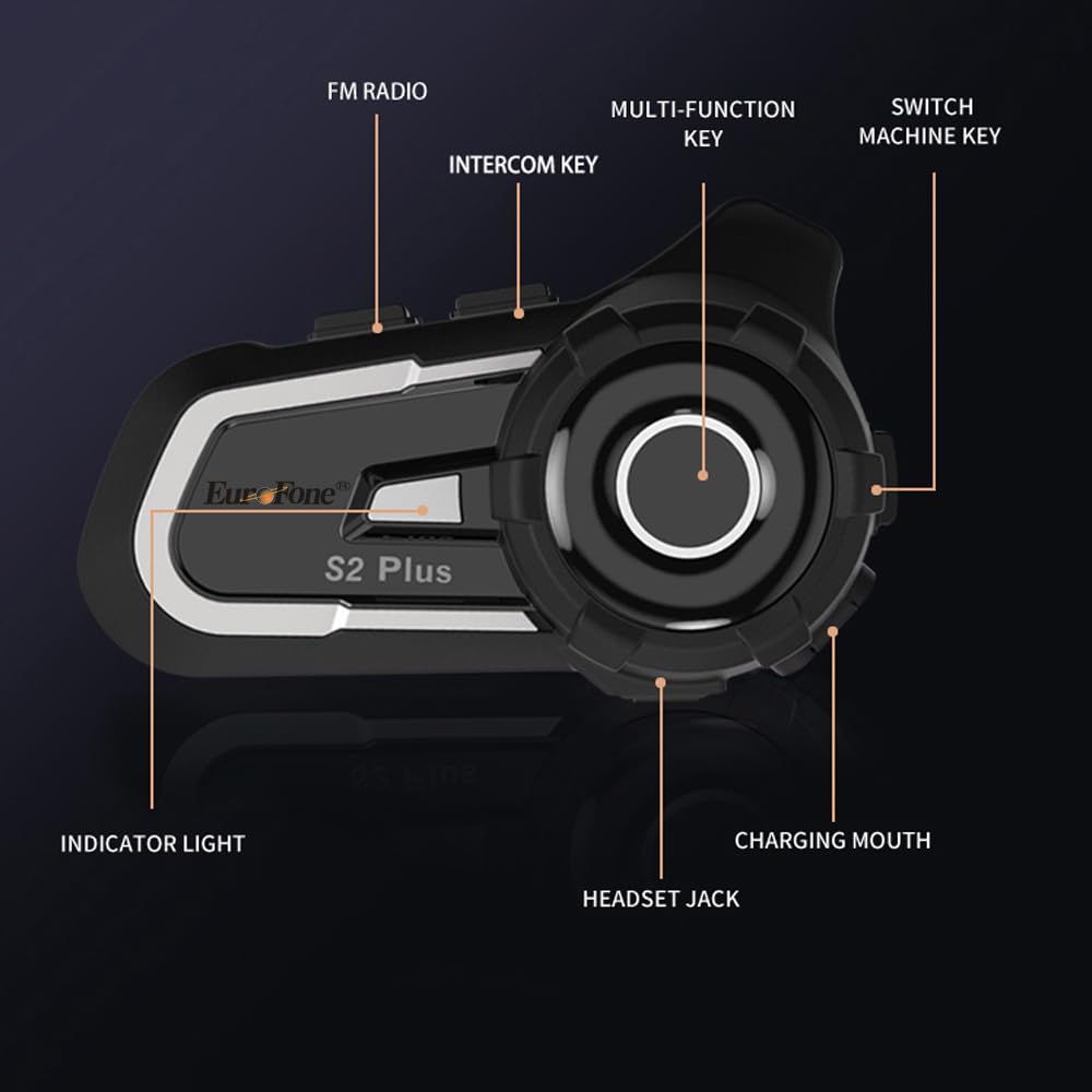 EuroFone S2 PLUS Motorcycle Bluetooth Simultaneous Calling While 1500m Communication IP67 Waterproof and Music 40mm Helmet Automatic CVC Noise HIFI