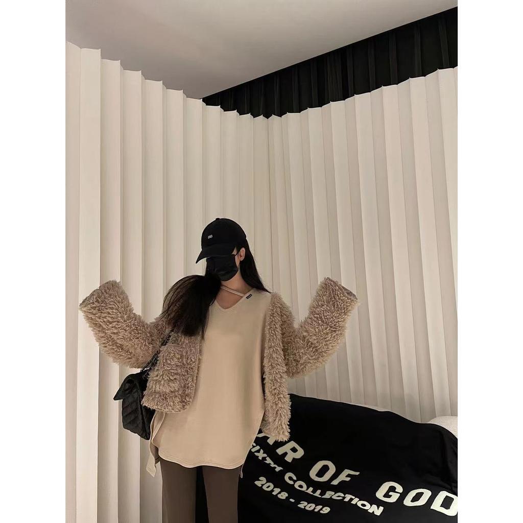 Pure Desire Style U-neck Irregular Top Autumn Style Slit Slanted Mid-length Base Shirt Loose T-shirt